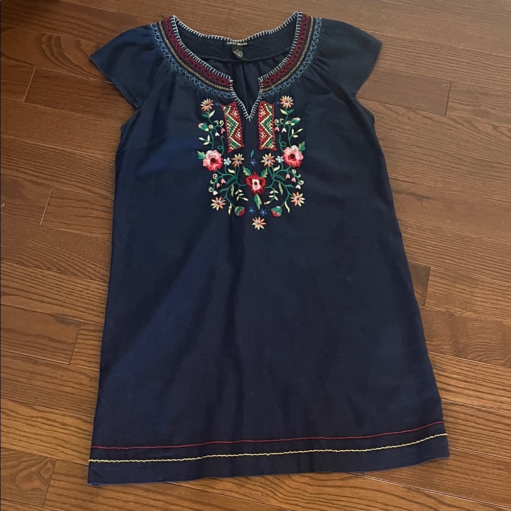 Lucky Brand Navy Dress with Floral Embroidery